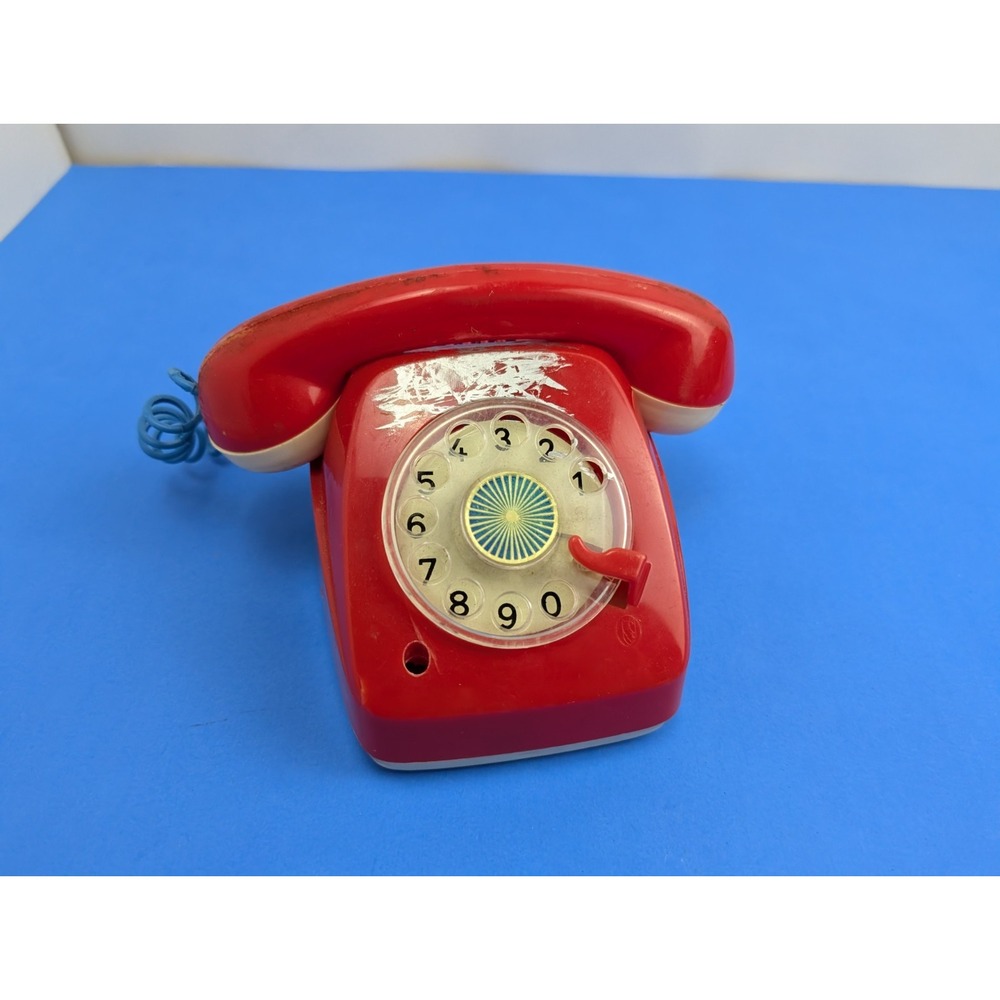 Rare West German Vintage 1960s Red Plastic Toy Dial Telephone in Box MB Games